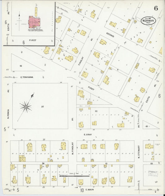 Sanborn Fire Insurance Map from Norman, Cleveland County, Oklahoma (1908), Sheet #0006 - Historic Sanborn Fire Insurance Map Print, vintage old map wall art, antique decor, genealogy gift, Oklahoma Oklahoma map