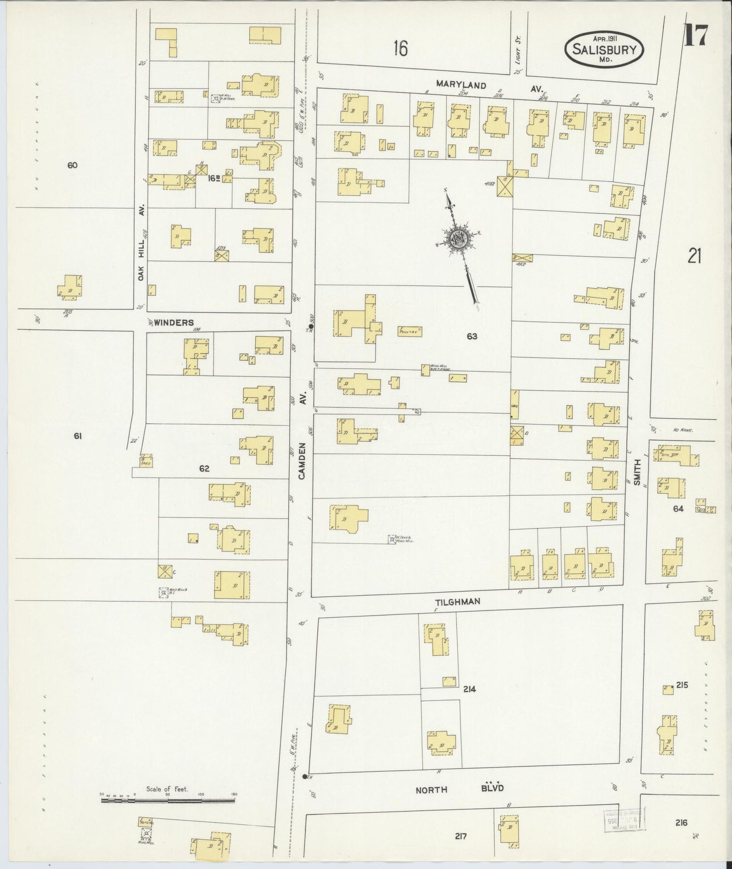 Sanborn Fire Insurance Map from Salisbury, Wicomico County, Maryland (1911), Sheet #0017 - Historic Sanborn Fire Insurance Map Print, vintage old map wall art