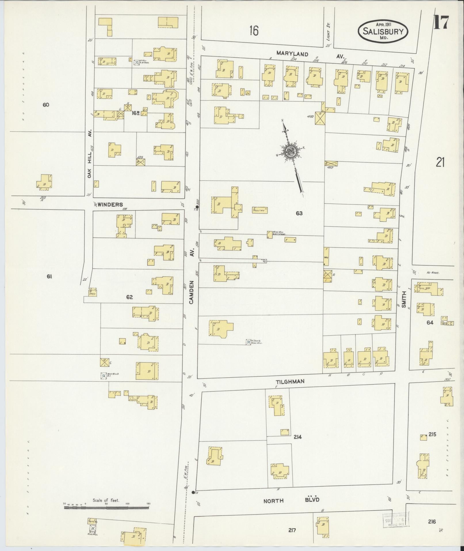 Sanborn Fire Insurance Map from Salisbury, Wicomico County, Maryland (1911), Sheet #0017 - Historic Sanborn Fire Insurance Map Print, vintage old map wall art