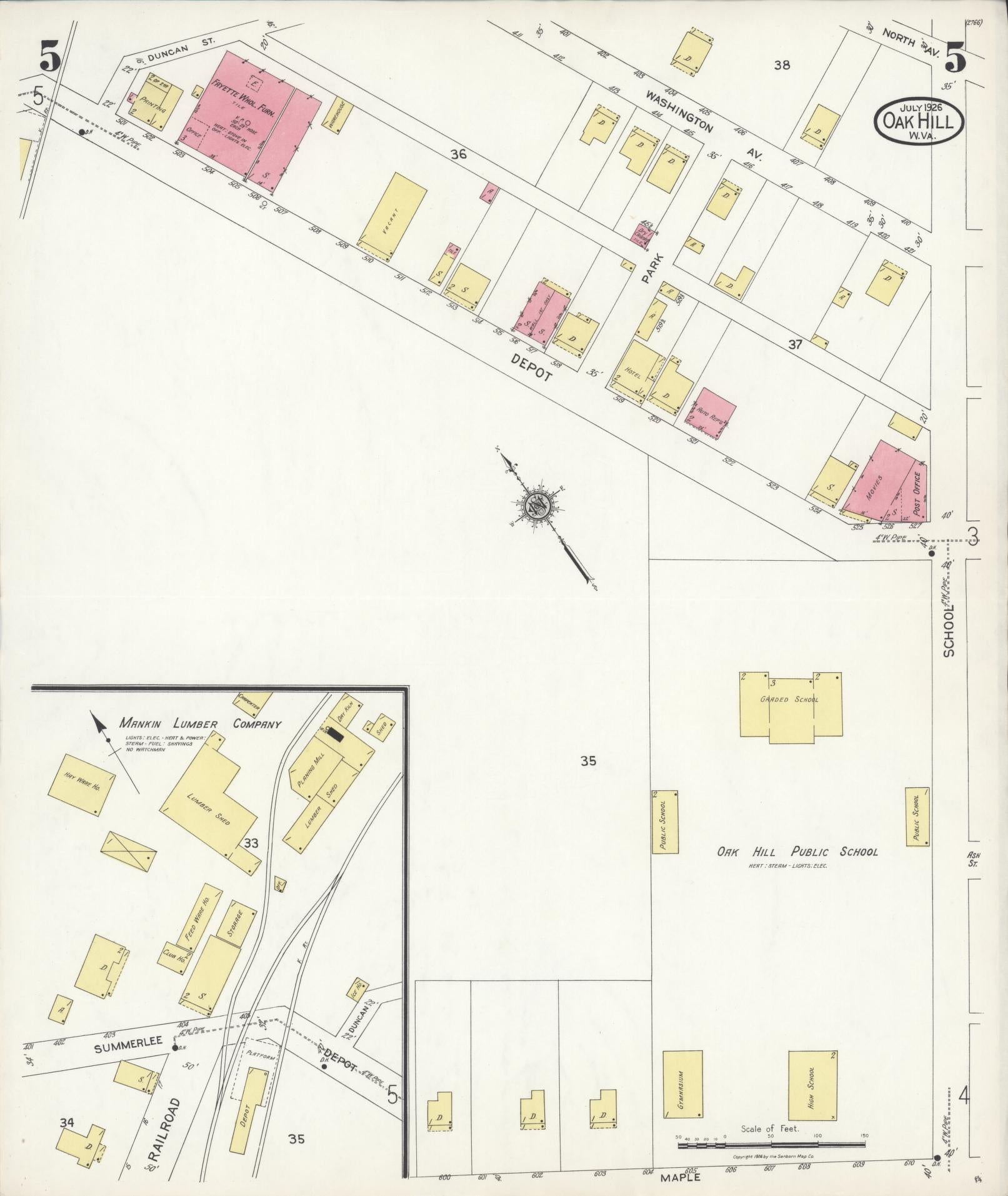 Sanborn Fire Insurance Map from Oak Hill, Fayette County, West Virginia (1926), Sheet #0005 - Historic Sanborn Fire Insurance Map Print, vintage old map wall art, antique decor, genealogy gift, West Virginia West Virginia map