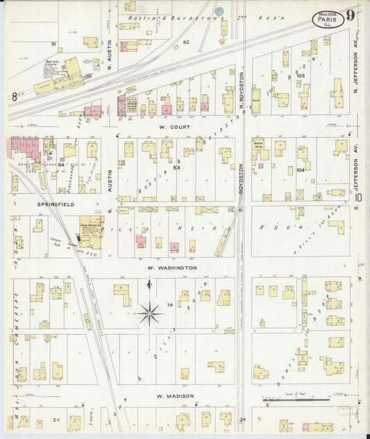Sanborn Fire Insurance Map from Paris, Edgar County, Illinois (1908), Sheet #0009 - Historic Sanborn Fire Insurance Map Print, vintage old map wall art, antique decor, genealogy gift, Illinois Illinois map