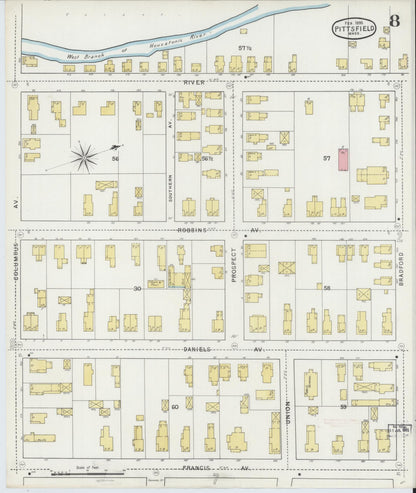 Sanborn Fire Insurance Map from Pittsfield, Berkshire County, Massachusetts (1895), Sheet #0008 - Historic Sanborn Fire Insurance Map Print, vintage old map wall art, antique decor, genealogy gift, Massachusetts Massachusetts map