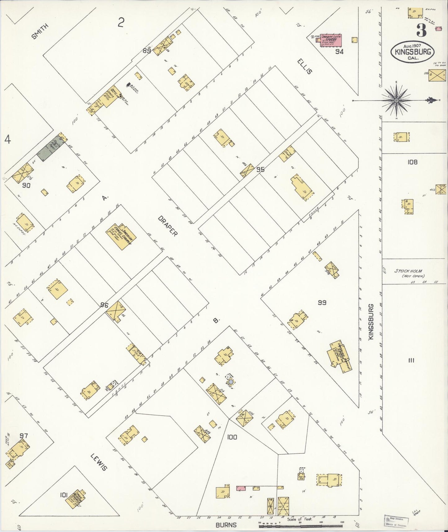 Sanborn Fire Insurance Map from Kingsburg, Fresno County, California (1907), Sheet #0003 - Historic Sanborn Fire Insurance Map Print, vintage old map wall art, antique decor, genealogy gift, California California map