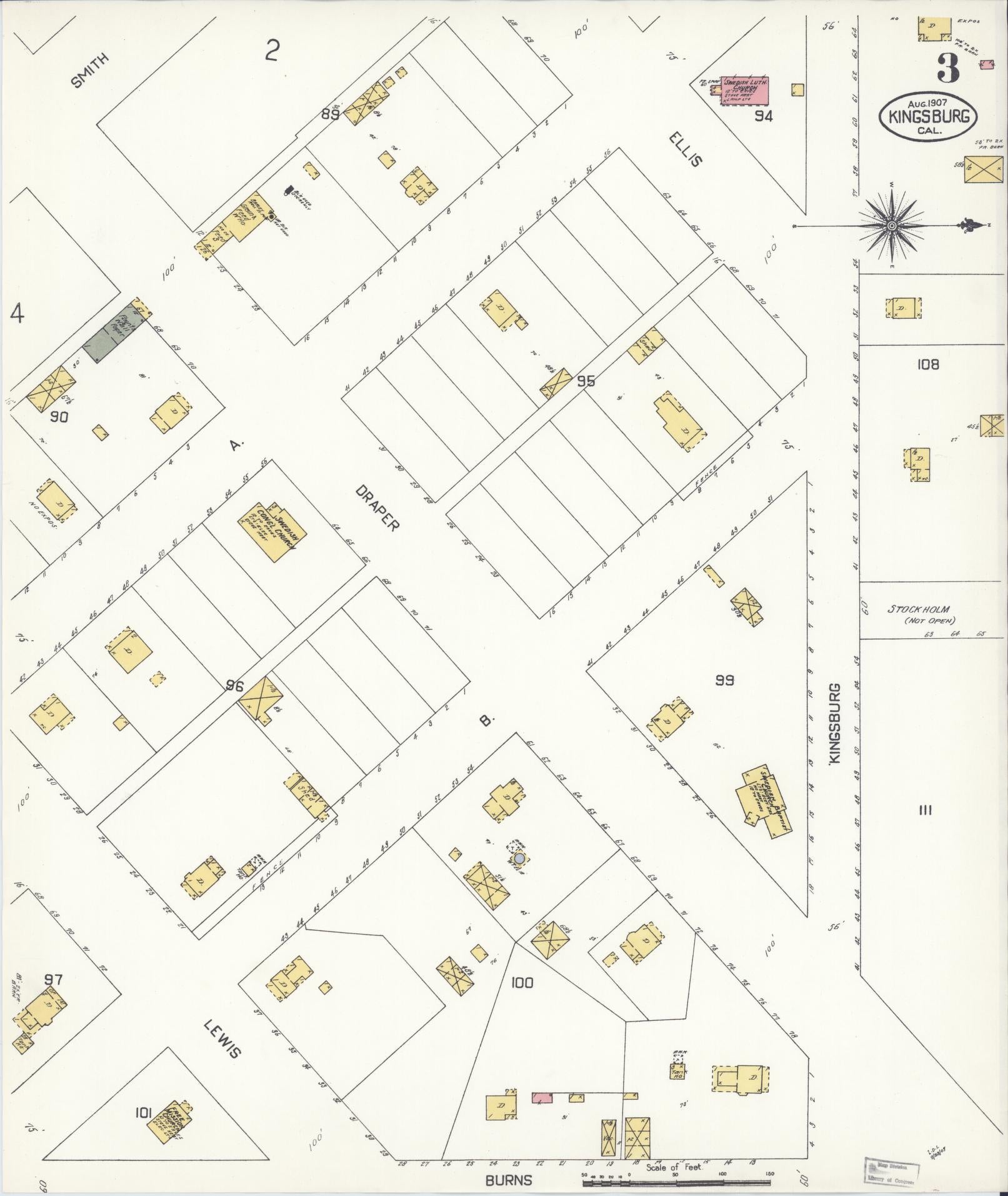 Sanborn Fire Insurance Map from Kingsburg, Fresno County, California (1907), Sheet #0003 - Historic Sanborn Fire Insurance Map Print, vintage old map wall art, antique decor, genealogy gift, California California map