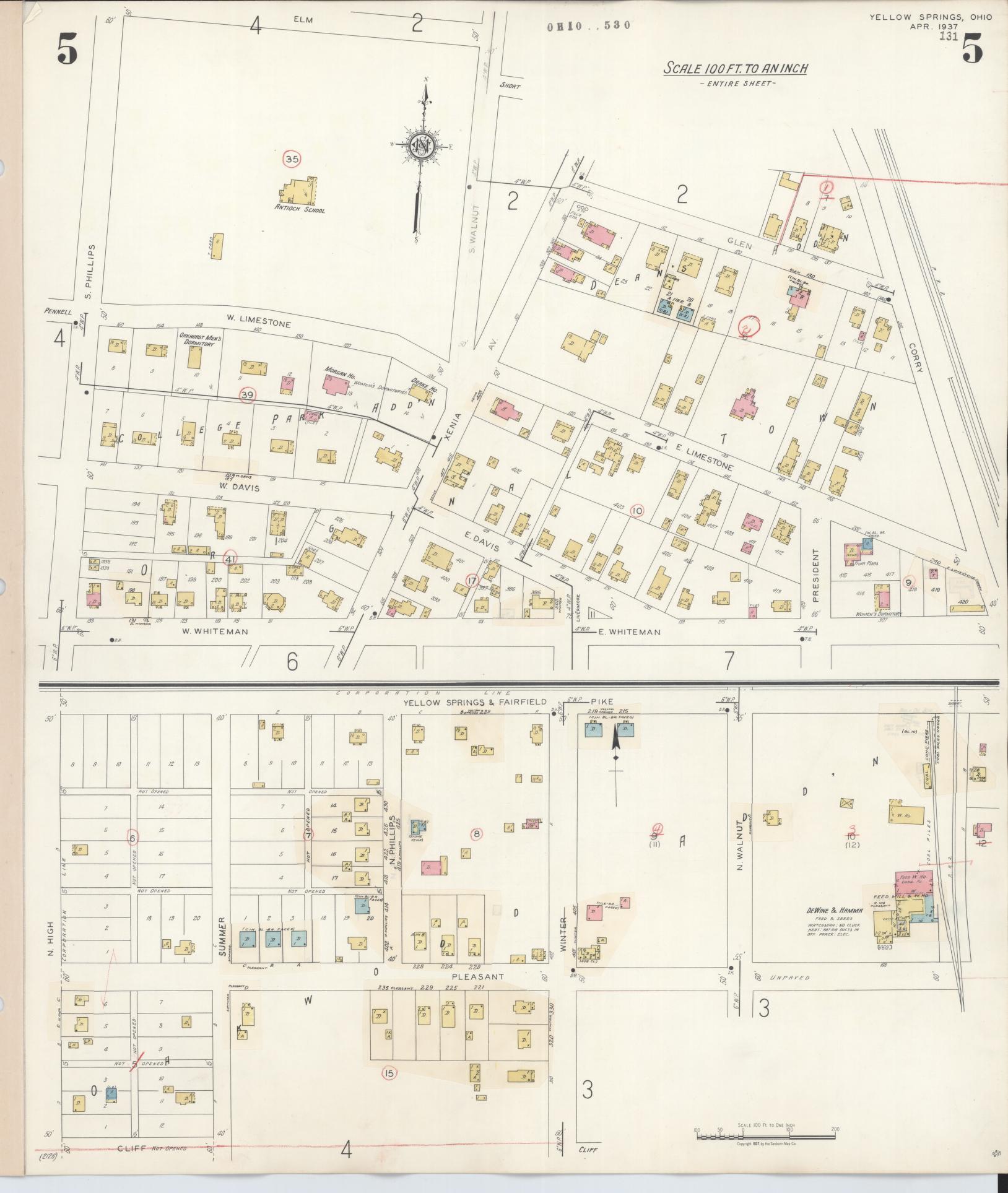Sanborn Fire Insurance Map from Yellow Springs, Greene County, Ohio (1945), Sheet #0005 - Historic Sanborn Fire Insurance Map Print, vintage old map wall art, antique decor, genealogy gift, Ohio Ohio map