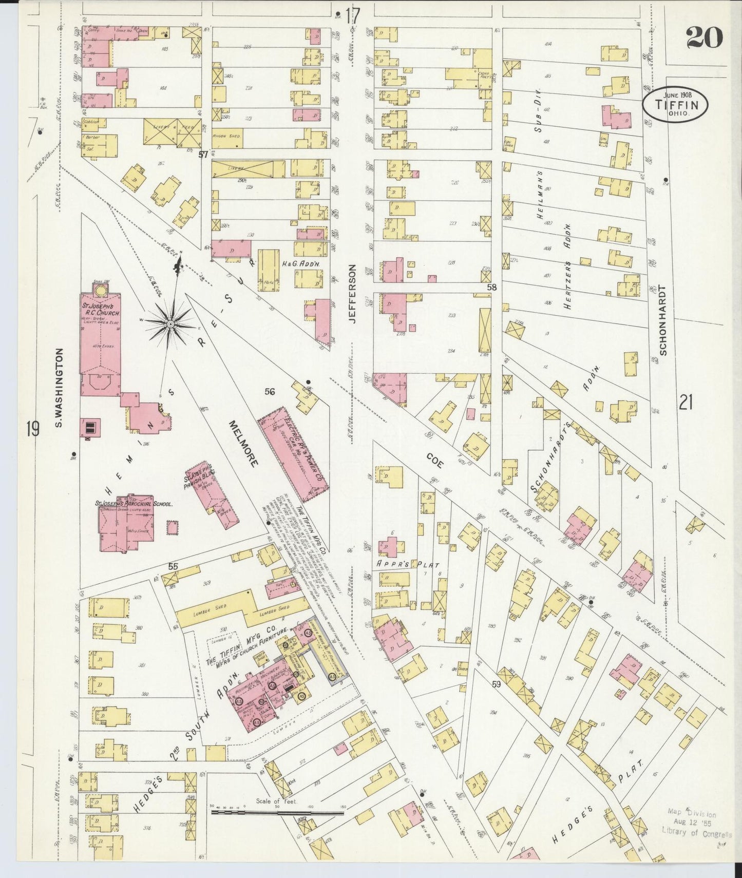 Sanborn Fire Insurance Map from Tiffin, Seneca County, Ohio (1908), Sheet #0020 - Historic Sanborn Fire Insurance Map Print, vintage old map wall art, antique decor, genealogy gift, Ohio Ohio map