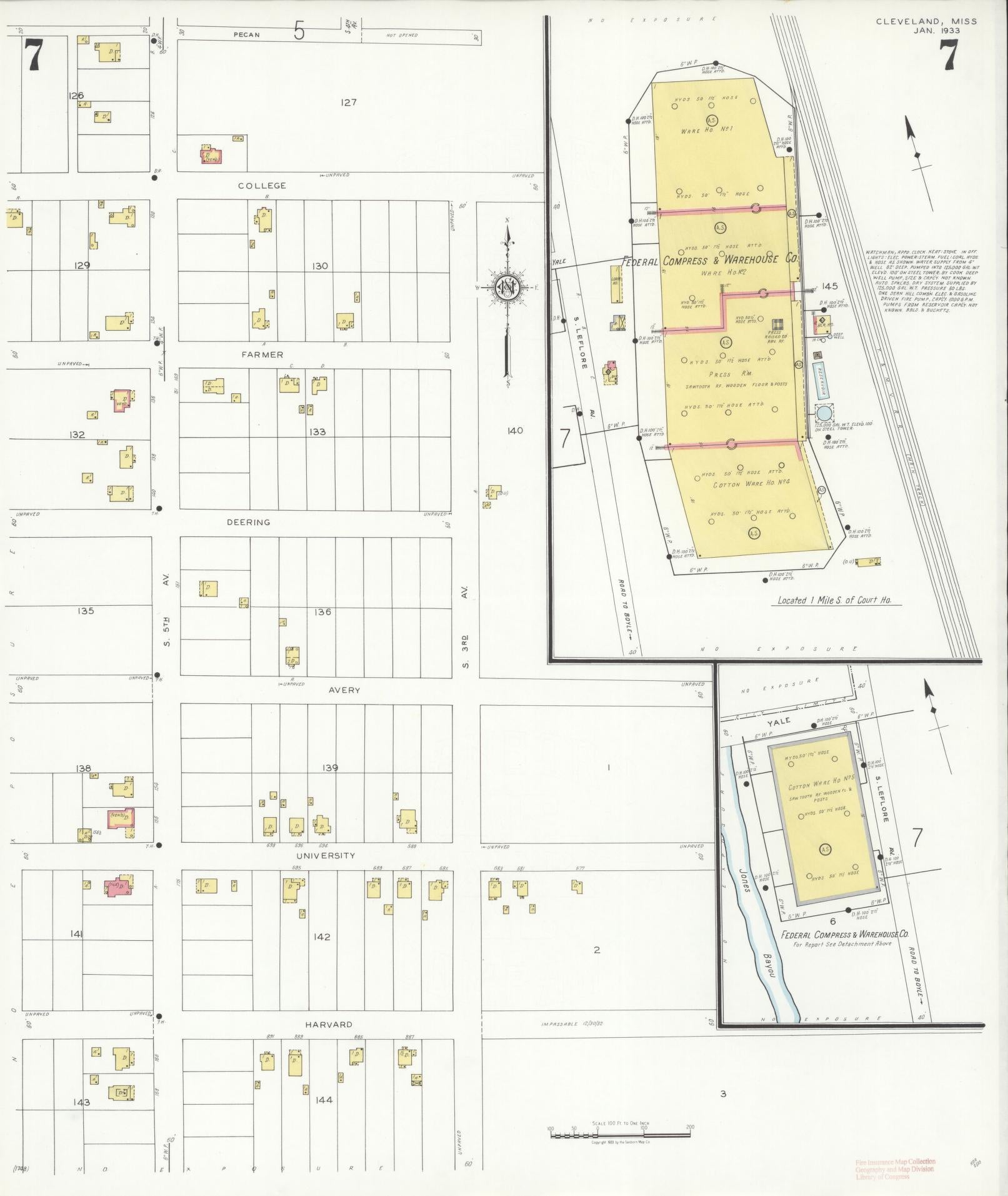 Sanborn Fire Insurance Map from Cleveland, Bolivar County, Mississippi (1933), Sheet #0007 - Complete Map Set gallery image, historic Sanborn map, vintage wall art, Mississippi Mississippi