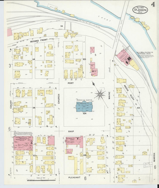 Sanborn Fire Insurance Map from Saint Joseph, Berrien County, Michigan (1908), Sheet #0004 - Historic Sanborn Fire Insurance Map Print, vintage old map wall art, antique decor, genealogy gift, Michigan Michigan map