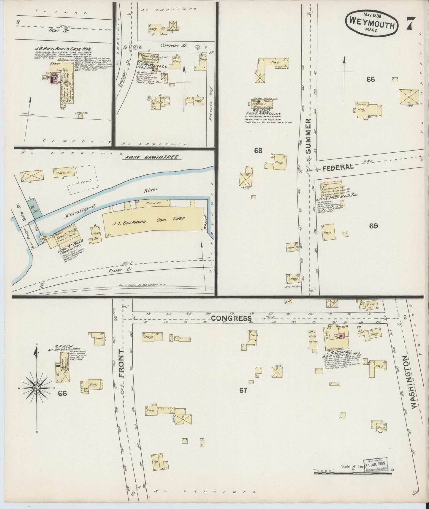 Sanborn Fire Insurance Map from Weymouth, Norfolk County, Massachusetts (1888), Sheet #0007 - Complete Map Set gallery image, historic Sanborn map, vintage wall art, Massachusetts Massachusetts