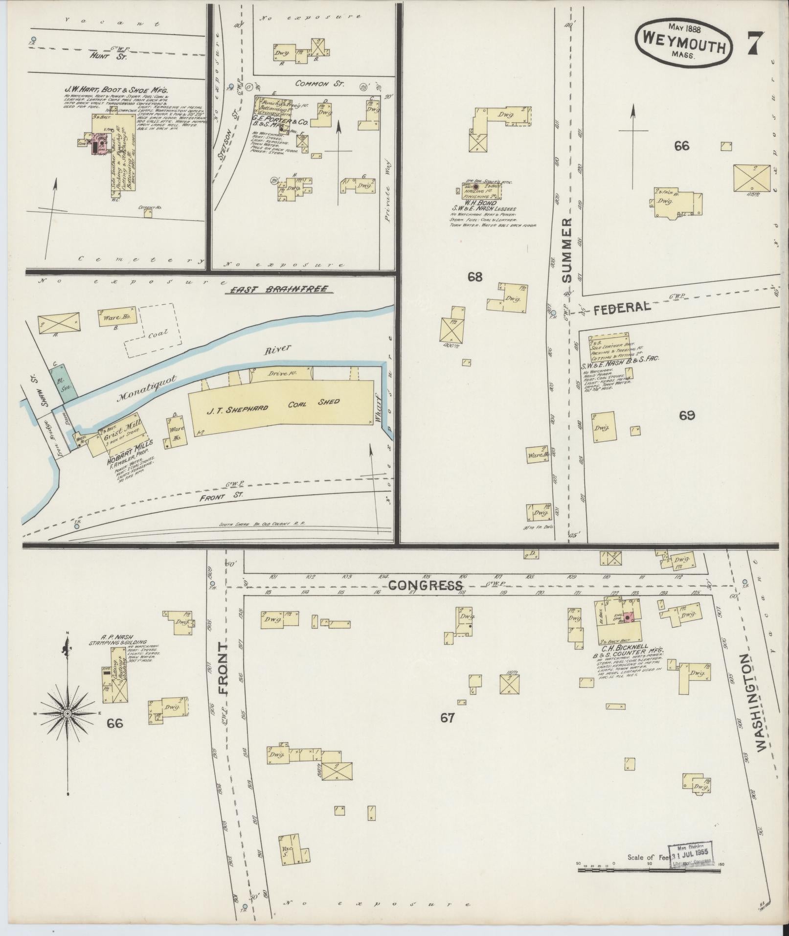 Sanborn Fire Insurance Map from Weymouth, Norfolk County, Massachusetts (1888), Sheet #0007 - Complete Map Set gallery image, historic Sanborn map, vintage wall art, Massachusetts Massachusetts