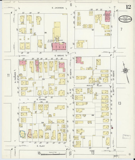 Sanborn Fire Insurance Map from Vicksburg, Warren County, Mississippi (1913), Sheet #0012 - Historic Sanborn Fire Insurance Map Print, vintage old map wall art, antique decor, genealogy gift, Mississippi Mississippi map