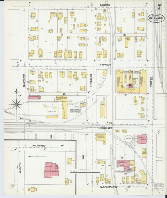 Sanborn Fire Insurance Map from Kalamazoo, Kalamazoo County, Michigan (1902), Sheet #0007 - Historic Sanborn Fire Insurance Map Print, vintage old map wall art, antique decor, genealogy gift, Michigan Michigan map