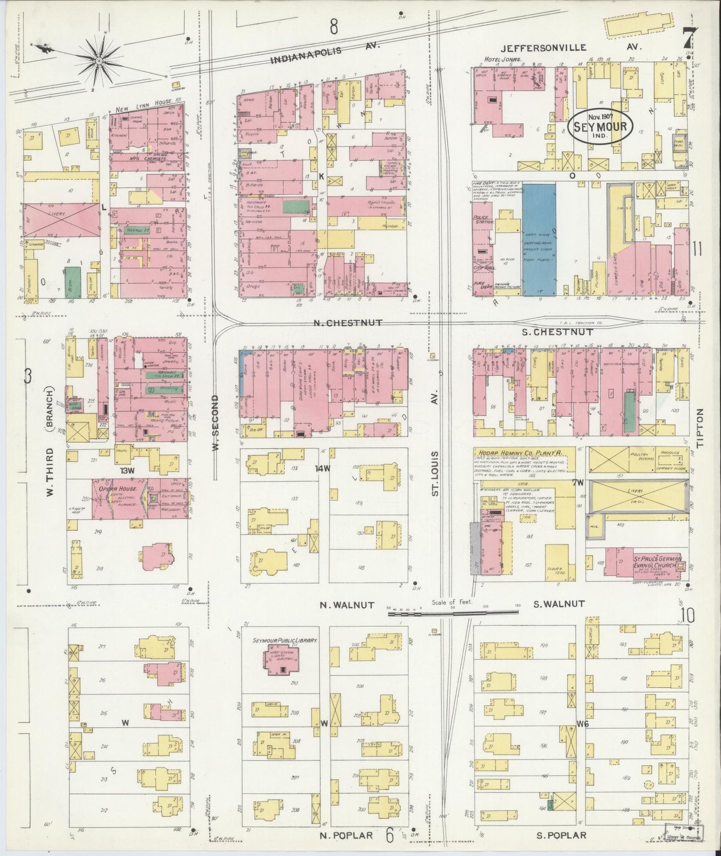 Sanborn Fire Insurance Map from Seymour, Jackson County, Indiana (1907), Sheet #0007 - Complete Map Set gallery image, historic Sanborn map, vintage wall art, Indiana Indiana