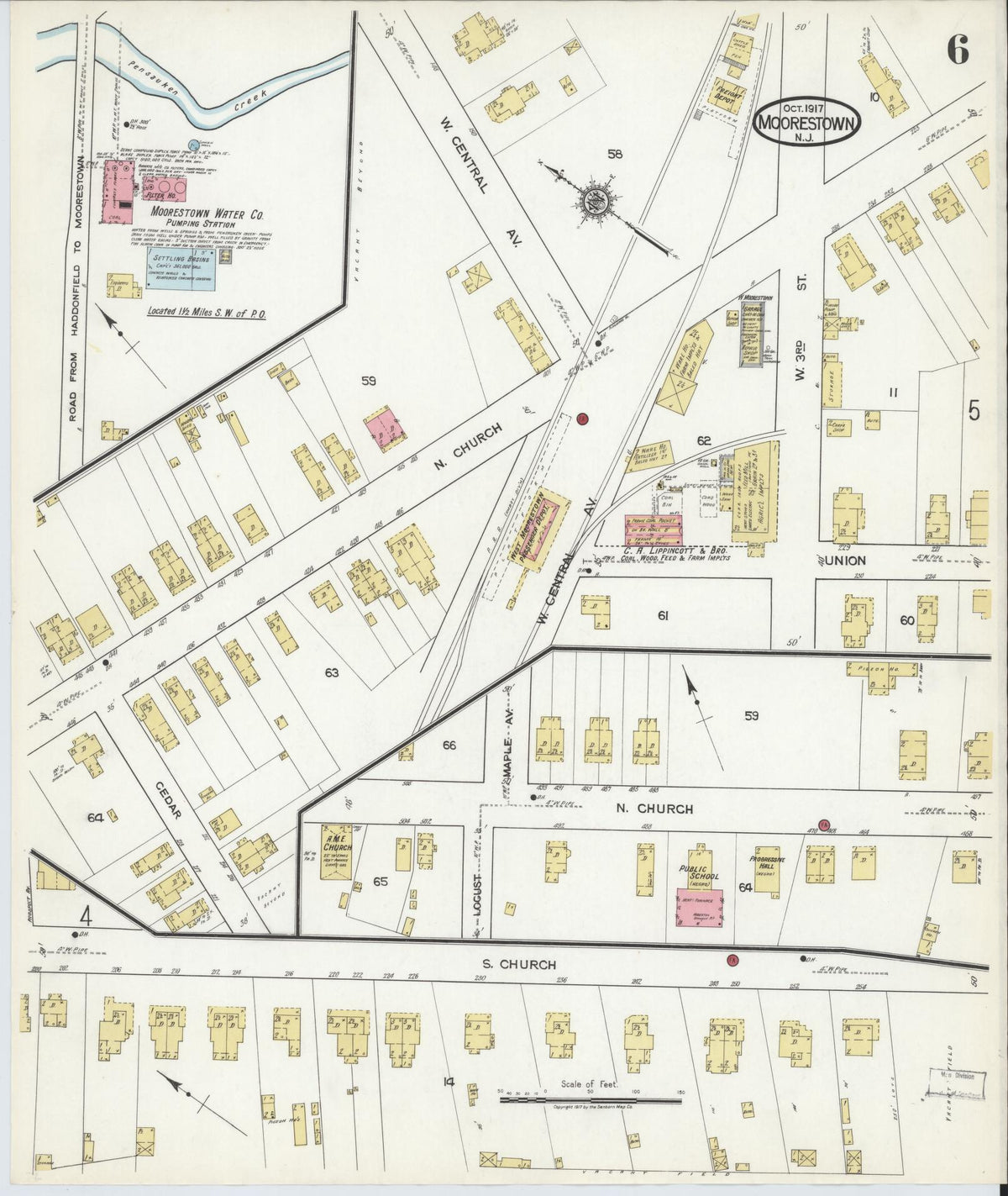 Sanborn Fire Insurance Map from Moorestown, Burlington County, New Jersey (1917), Sheet #0006 - Complete Map Set gallery image, historic Sanborn map, vintage wall art, New Jersey New Jersey