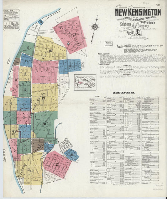 Sanborn Fire Insurance Map from New Kensington, Westmoreland County, Pennsylvania (1921), Sheet #0001 - Historic Sanborn Fire Insurance Map Print, vintage old map wall art, antique decor, genealogy gift, Pennsylvania Pennsylvania map