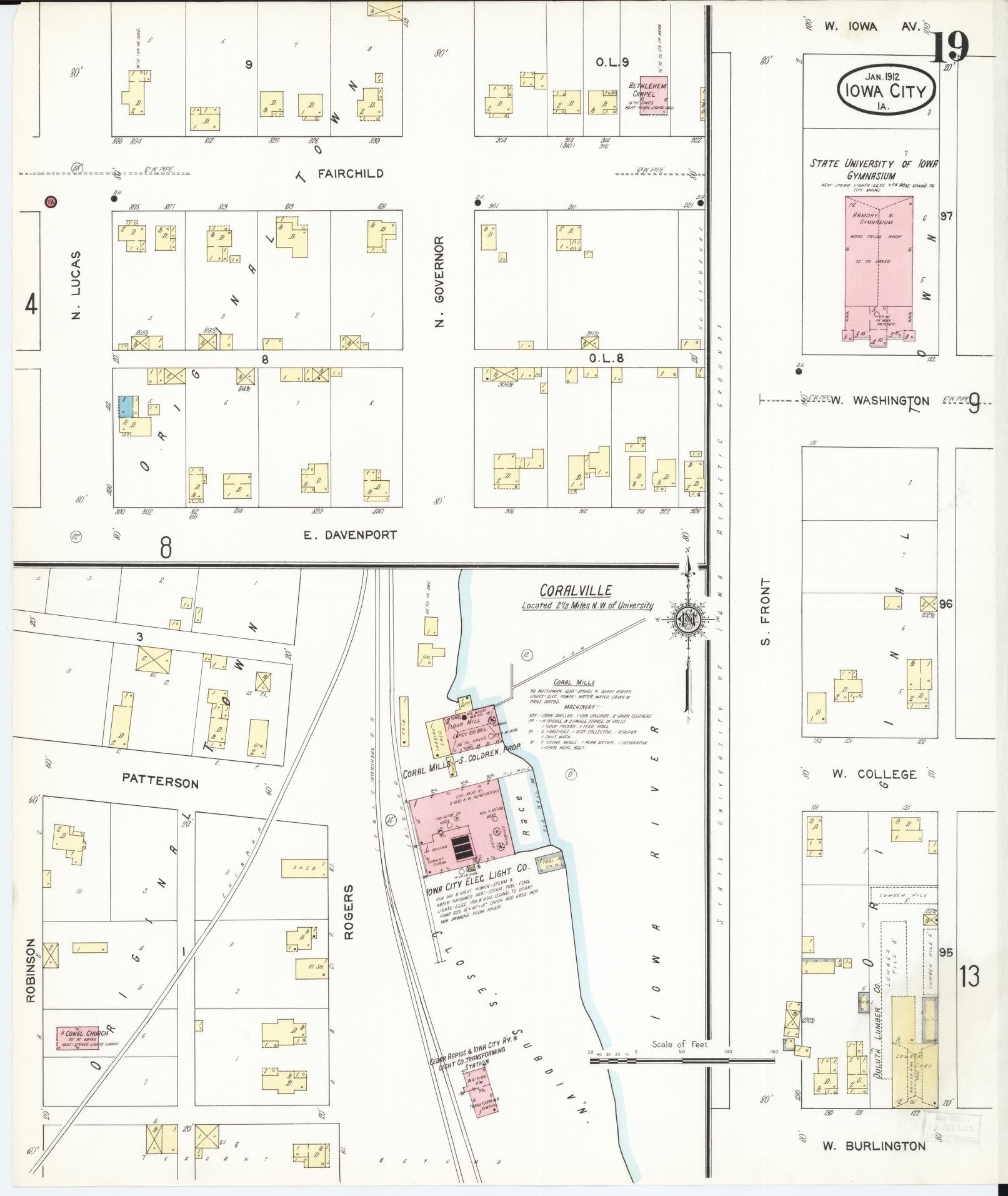 Sanborn Fire Insurance Map from Iowa City, Johnson County, Iowa (1912), Sheet #0019 - Historic Sanborn Fire Insurance Map Print, vintage old map wall art