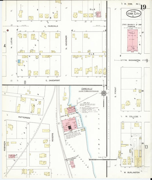 Sanborn Fire Insurance Map from Iowa City, Johnson County, Iowa (1912), Sheet #0019 - Historic Sanborn Fire Insurance Map Print, vintage old map wall art