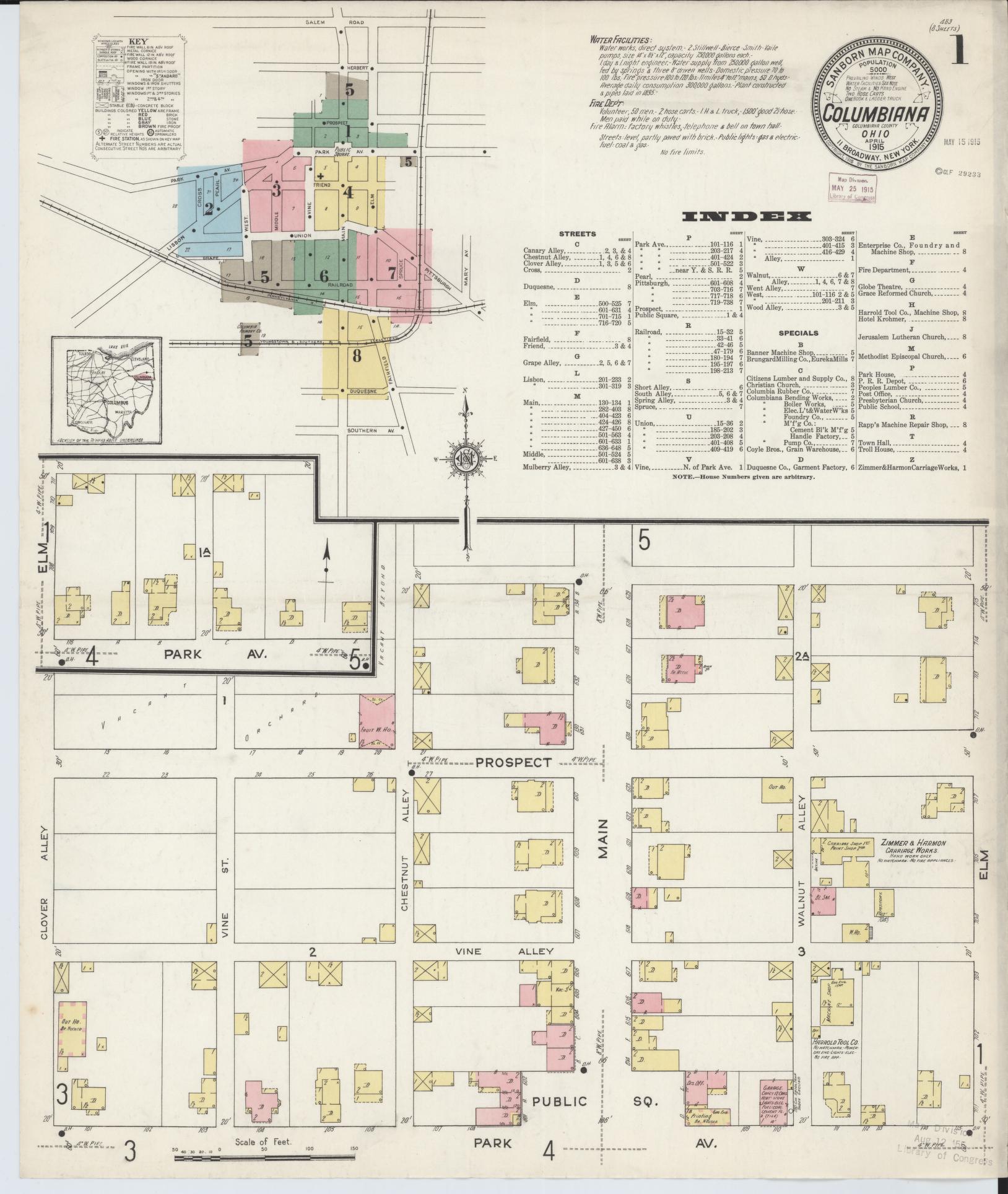 Sanborn Fire Insurance Map from Columbiana, Columbiana County, Ohio (1915), Sheet #0001 - Historic Sanborn Fire Insurance Map Print, vintage old map wall art, antique decor, genealogy gift, Ohio Ohio map