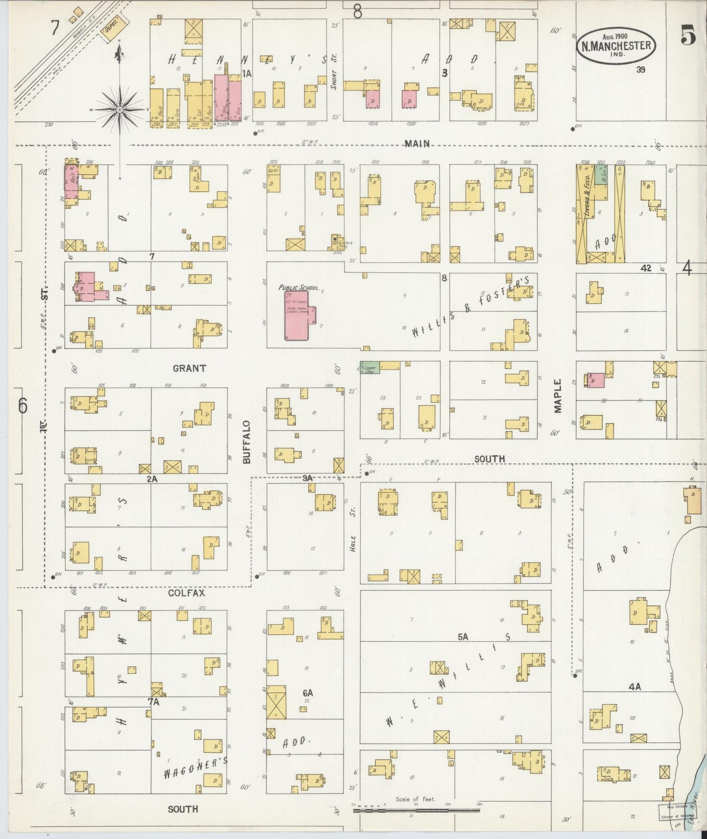 Sanborn Fire Insurance Map from North Manchester, Wabash County, Indiana (1900), Sheet #0005 - Complete Map Set gallery image, historic Sanborn map, vintage wall art, Indiana Indiana