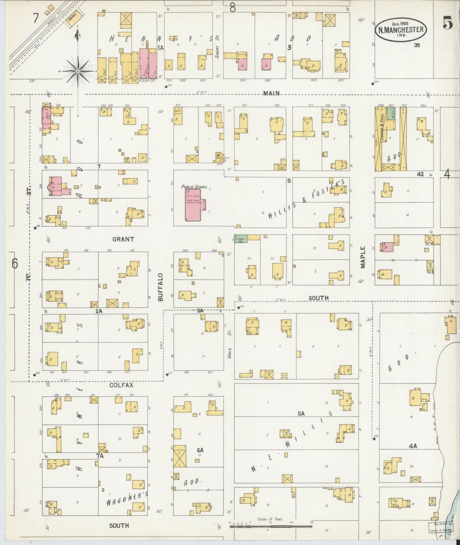 Sanborn Fire Insurance Map from North Manchester, Wabash County, Indiana (1900), Sheet #0005 - Complete Map Set gallery image, historic Sanborn map, vintage wall art, Indiana Indiana