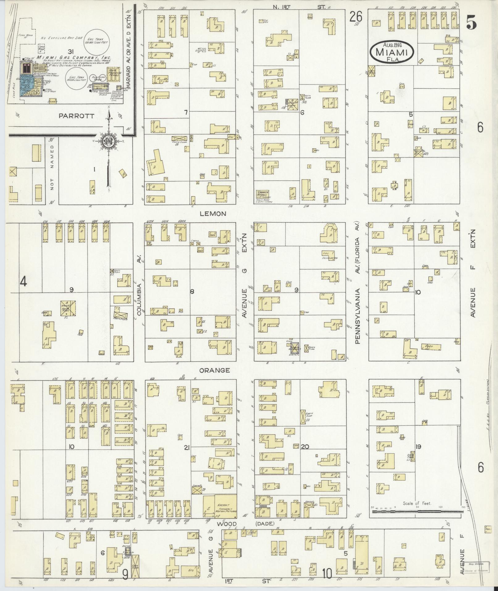 Sanborn Fire Insurance Map from Miami, Dade County, Florida (1914), Sheet #0005 - Complete Map Set gallery image, historic Sanborn map, vintage wall art, Florida Florida