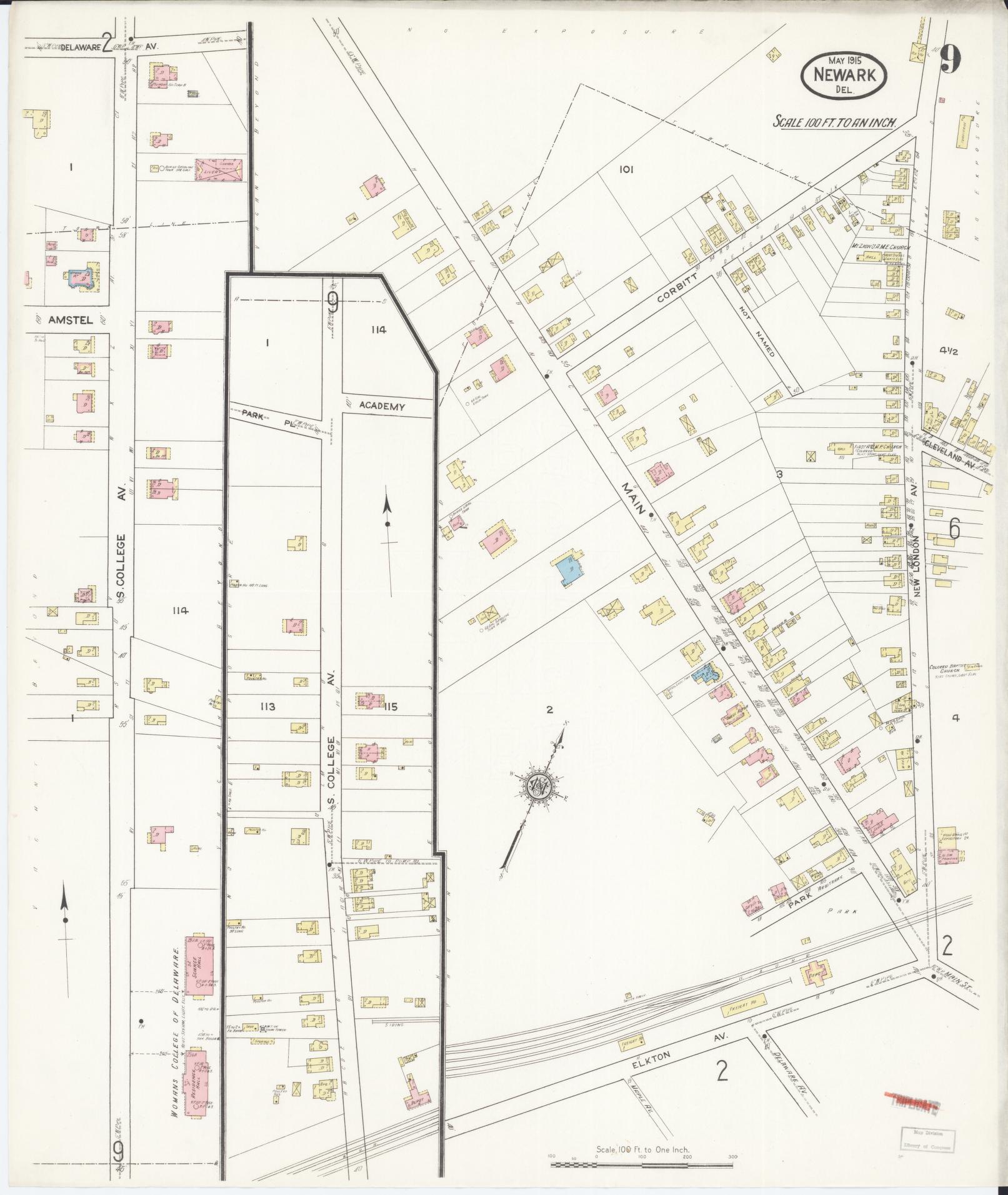 Sanborn Fire Insurance Map from Newark, New Castle County, Delaware (1915), Sheet #0009 - Complete Map Set gallery image, historic Sanborn map, vintage wall art, Delaware Delaware