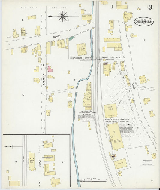 Sanborn Fire Insurance Map from Christiansburg, Montgomery County, Virginia (1907), Sheet #0003 - Historic Sanborn Fire Insurance Map Print, vintage old map wall art, antique decor, genealogy gift, Virginia Virginia map