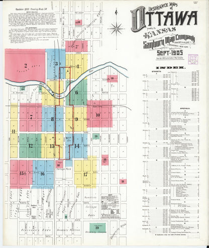 Sanborn Fire Insurance Map from Ottawa, Franklin County, Kansas (1905), Sheet #0001 - Complete Map Set gallery image, historic Sanborn map, vintage wall art, Kansas Kansas