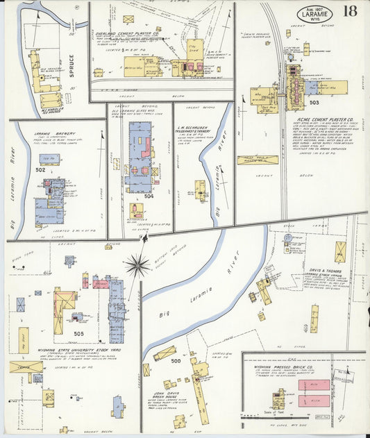 Sanborn Fire Insurance Map from Laramie, Albany County, Wyoming (1907), Sheet #0018 - Historic Sanborn Fire Insurance Map Print, vintage old map wall art, antique decor, genealogy gift, Wyoming Wyoming map