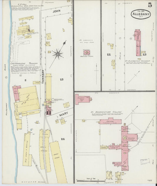 Sanborn Fire Insurance Map from Allegany, Cattaraugus County, New York (1891), Sheet #0005 - Historic Sanborn Fire Insurance Map Print, vintage old map wall art, antique decor, genealogy gift, New York New York map