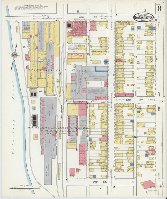 Sanborn Fire Insurance Map from New Kensington, Westmoreland County, Pennsylvania (1921), Sheet #0008 - Historic Sanborn Fire Insurance Map Print, vintage old map wall art, antique decor, genealogy gift, Pennsylvania Pennsylvania map