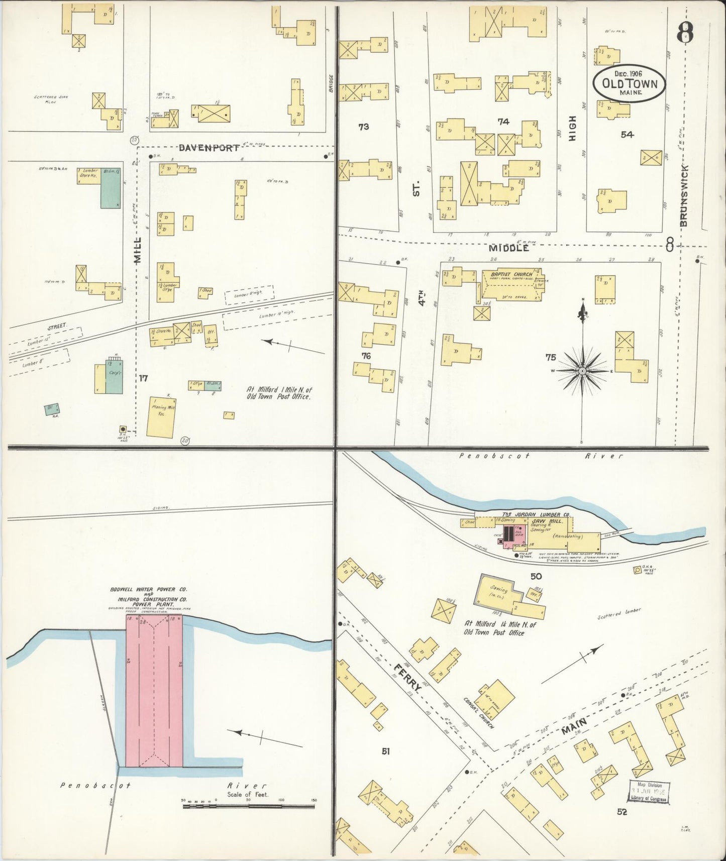 Sanborn Fire Insurance Map from Old Town, Penobscot County, Maine (1906), Sheet #0008 - Historic Sanborn Fire Insurance Map Print, vintage old map wall art, antique decor, genealogy gift, Maine Maine map