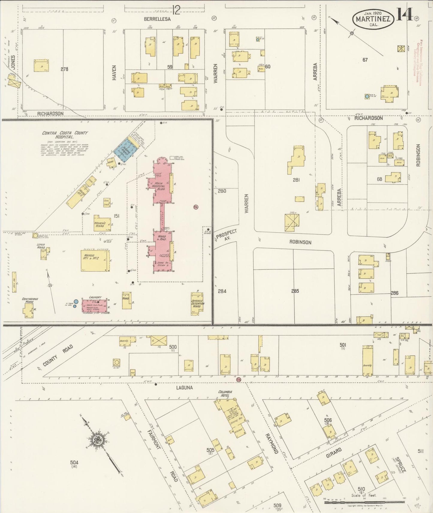 Sanborn Fire Insurance Map from Martinez, Contra Costa County, California (1920), Sheet #0014 - Historic Sanborn Fire Insurance Map Print, vintage old map wall art, antique decor, genealogy gift, California California map