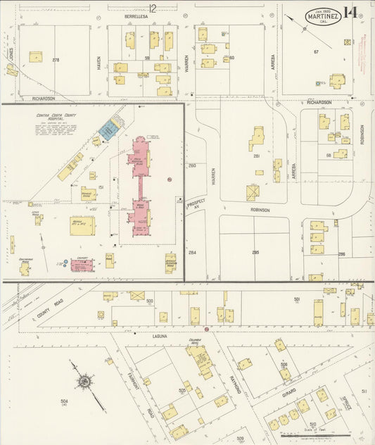 Sanborn Fire Insurance Map from Martinez, Contra Costa County, California (1920), Sheet #0014 - Historic Sanborn Fire Insurance Map Print, vintage old map wall art, antique decor, genealogy gift, California California map