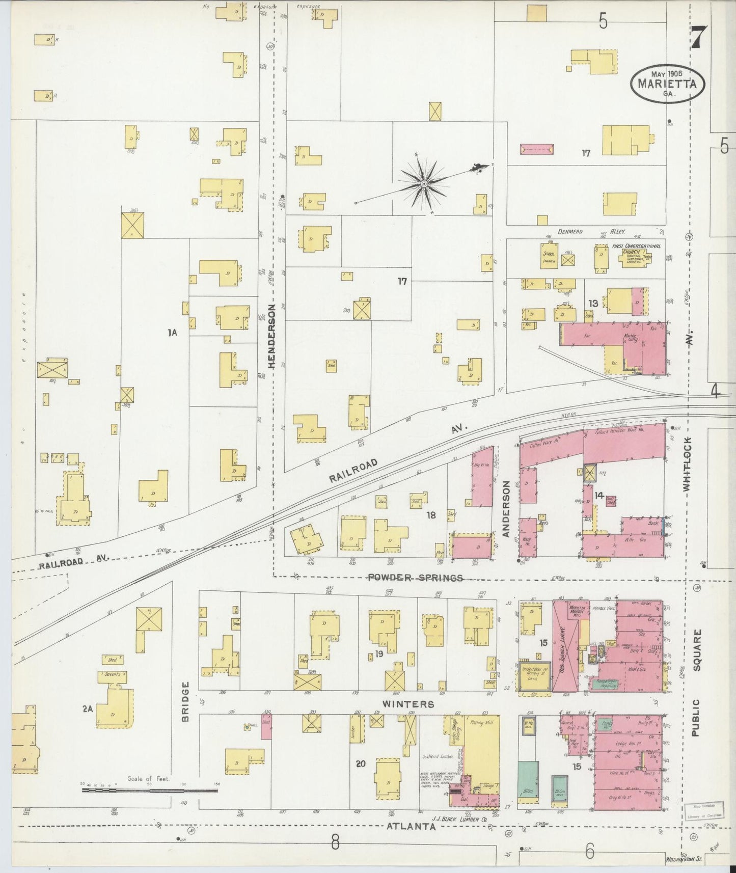 Sanborn Fire Insurance Map from Marietta, Cobb County, Georgia (1905), Sheet #0007 - Complete Map Set gallery image, historic Sanborn map, vintage wall art, Georgia Georgia