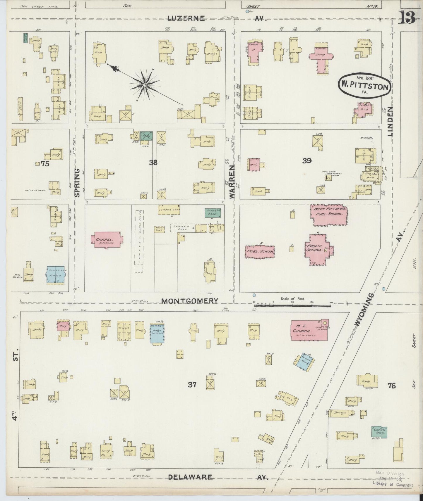 Sanborn Fire Insurance Map from Pittston, Luzerne County, Pennsylvania (1891), Sheet #0013 - Complete Map Set gallery image, historic Sanborn map, vintage wall art, Pennsylvania Pennsylvania