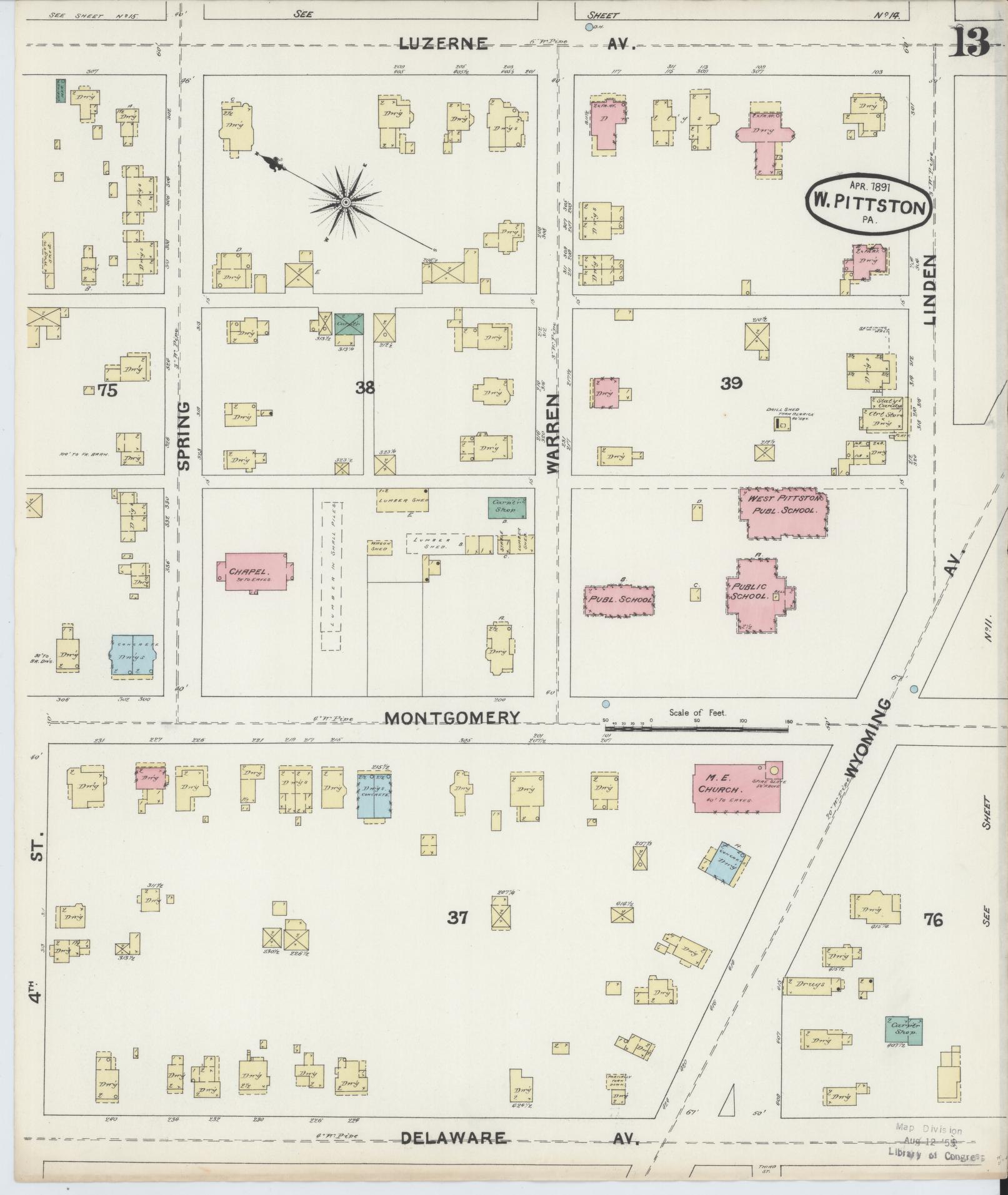 Sanborn Fire Insurance Map from Pittston, Luzerne County, Pennsylvania (1891), Sheet #0013 - Complete Map Set gallery image, historic Sanborn map, vintage wall art, Pennsylvania Pennsylvania