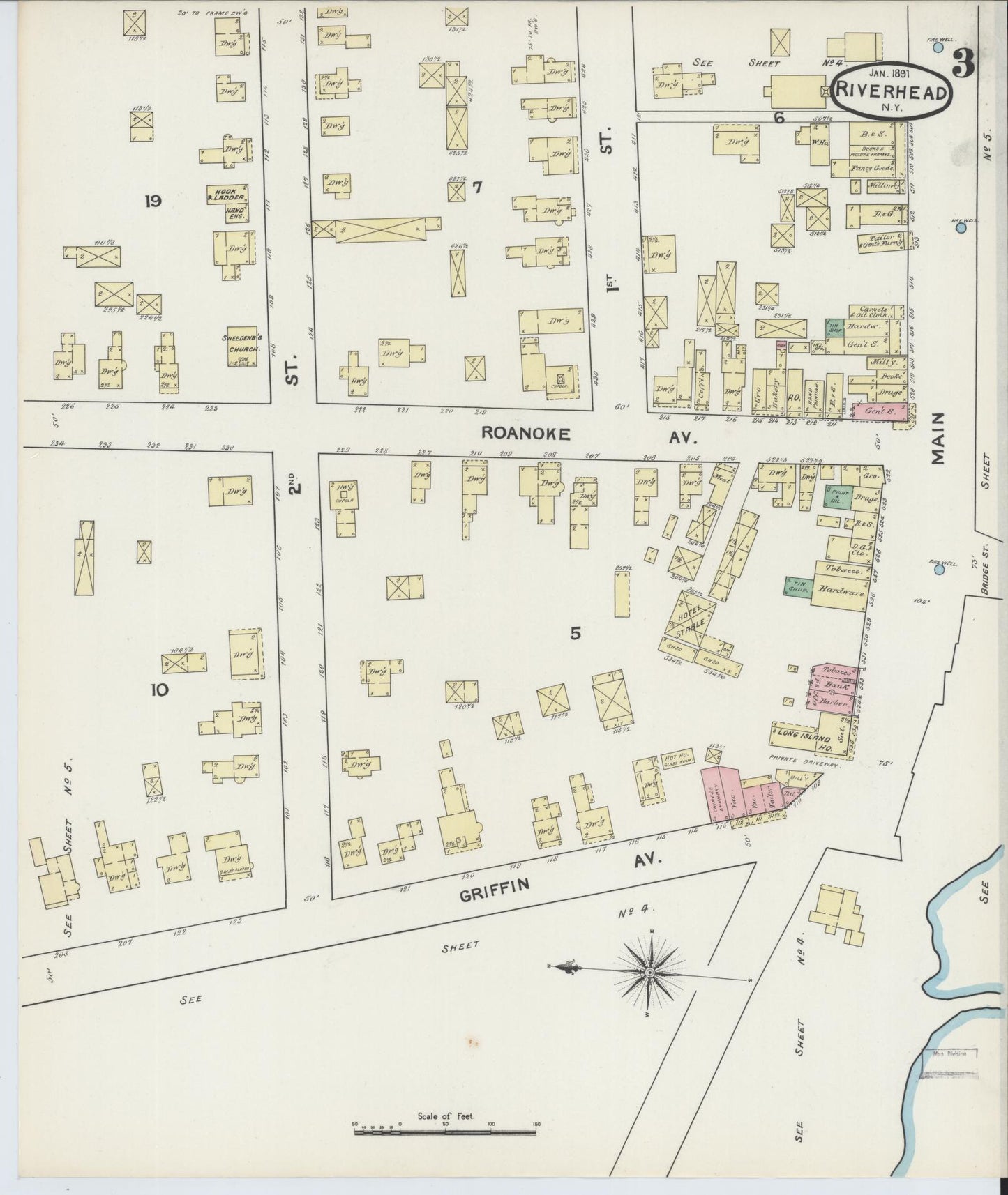 Sanborn Fire Insurance Map from Riverhead, Suffolk County, New York (1891), Sheet #0003 - Historic Sanborn Fire Insurance Map Print, vintage old map wall art, antique decor, genealogy gift, New York New York map