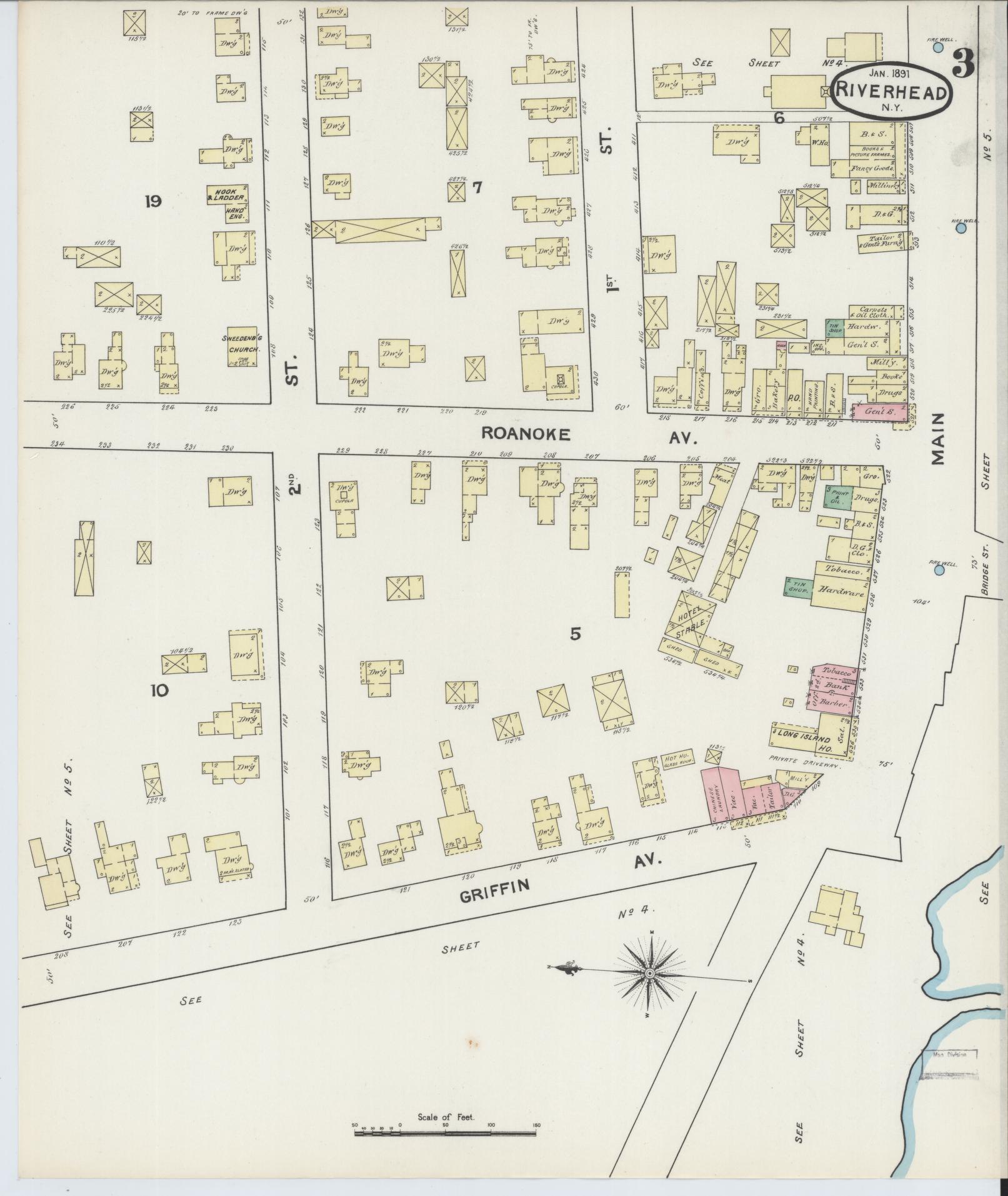 Sanborn Fire Insurance Map from Riverhead, Suffolk County, New York (1891), Sheet #0003 - Historic Sanborn Fire Insurance Map Print, vintage old map wall art, antique decor, genealogy gift, New York New York map