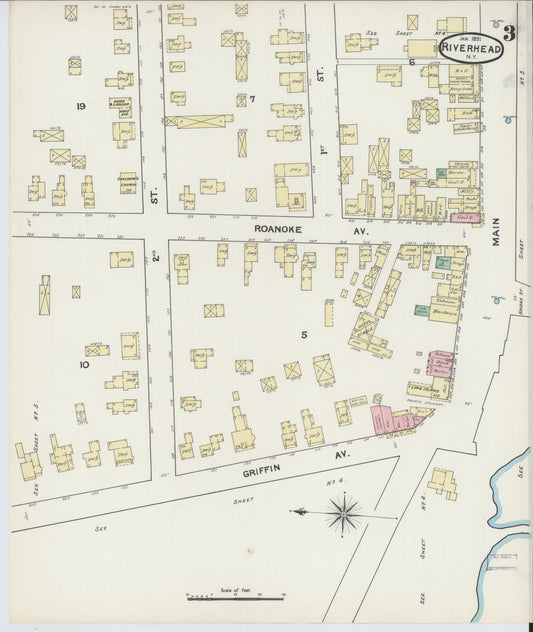 Sanborn Fire Insurance Map from Riverhead, Suffolk County, New York (1891), Sheet #0003 - Historic Sanborn Fire Insurance Map Print, vintage old map wall art, antique decor, genealogy gift, New York New York map