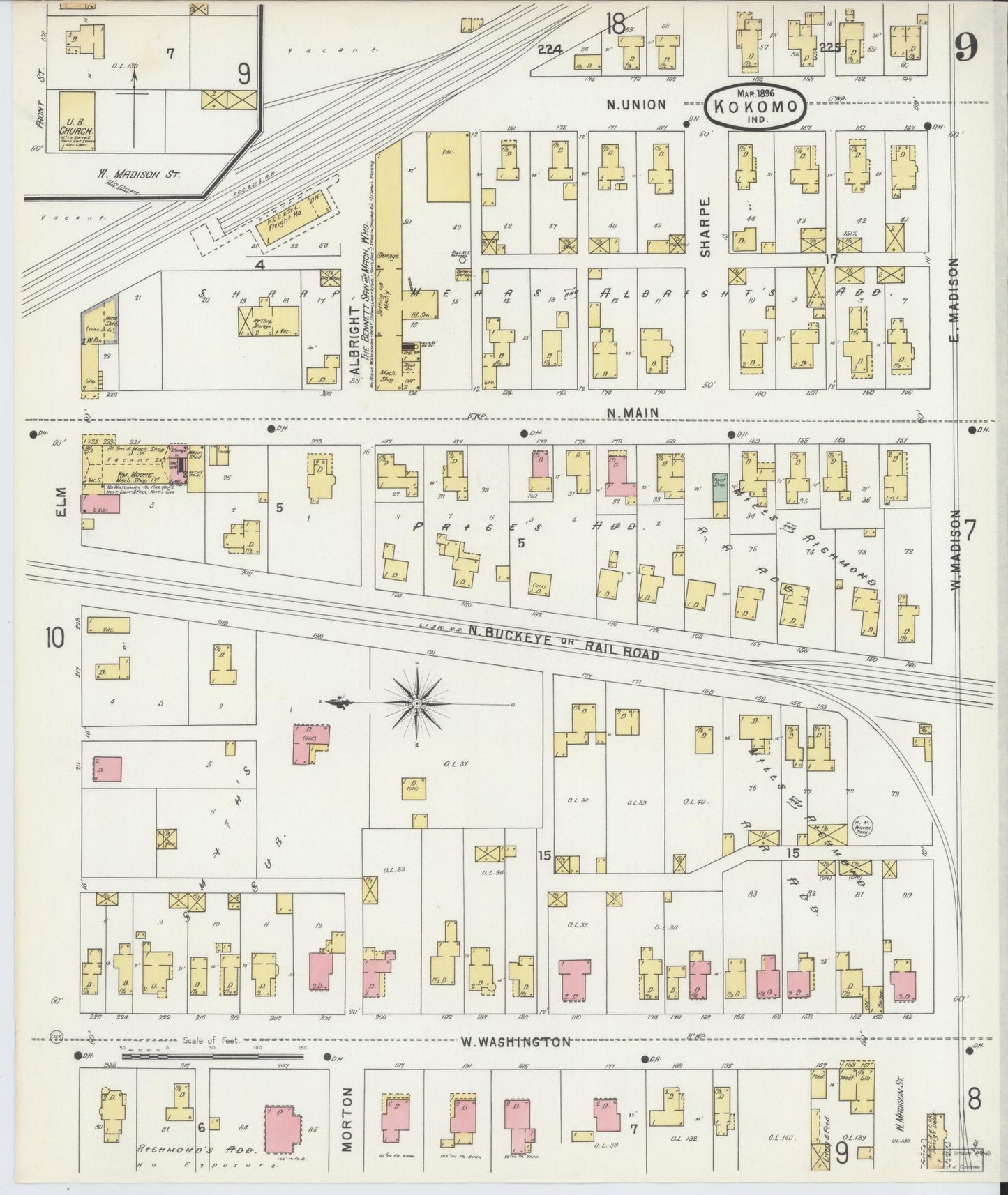 Sanborn Fire Insurance Map from Kokomo, Howard County, Indiana (1896), Sheet #0009 - Historic Sanborn Fire Insurance Map Print, vintage old map wall art, antique decor, genealogy gift, Indiana Indiana map