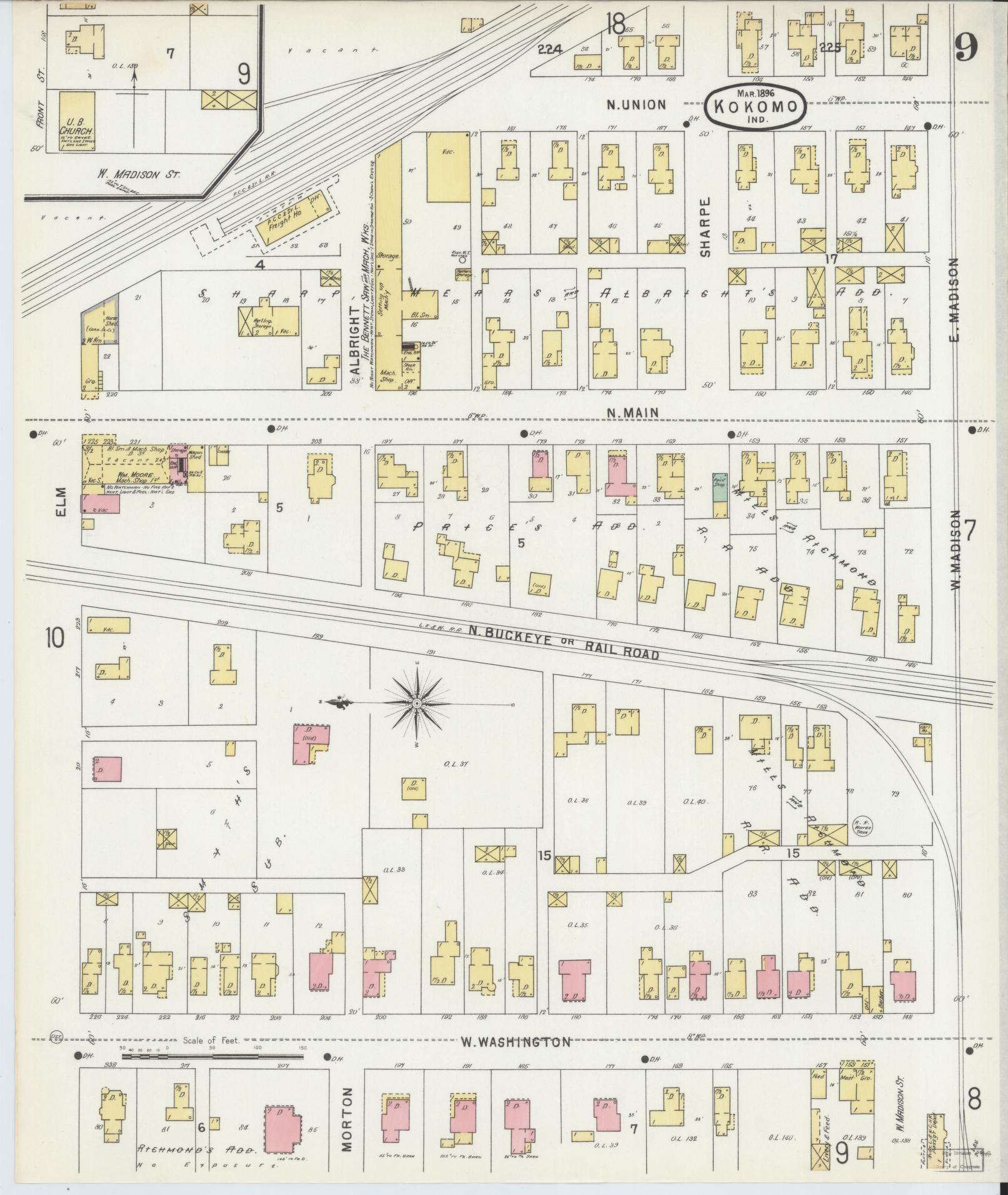 Sanborn Fire Insurance Map from Kokomo, Howard County, Indiana (1896), Sheet #0009 - Historic Sanborn Fire Insurance Map Print, vintage old map wall art, antique decor, genealogy gift, Indiana Indiana map