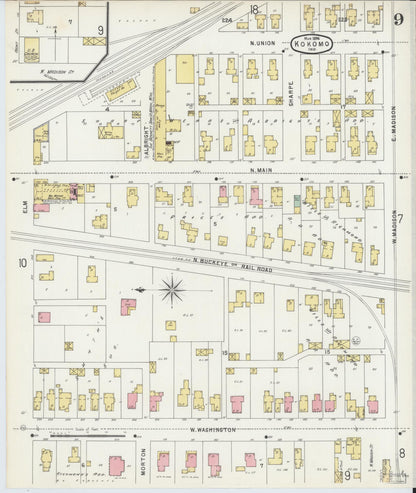 Sanborn Fire Insurance Map from Kokomo, Howard County, Indiana (1896), Sheet #0009 - Historic Sanborn Fire Insurance Map Print, vintage old map wall art, antique decor, genealogy gift, Indiana Indiana map