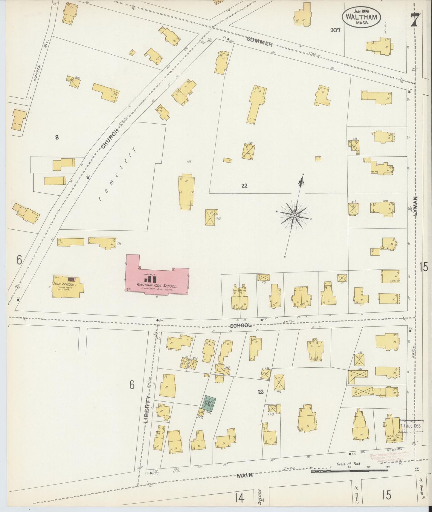Sanborn Fire Insurance Map from Waltham, Middlesex County, Massachusetts (1903), Sheet #0007 - Historic Sanborn Fire Insurance Map Print, vintage old map wall art, antique decor, genealogy gift, Massachusetts Massachusetts map