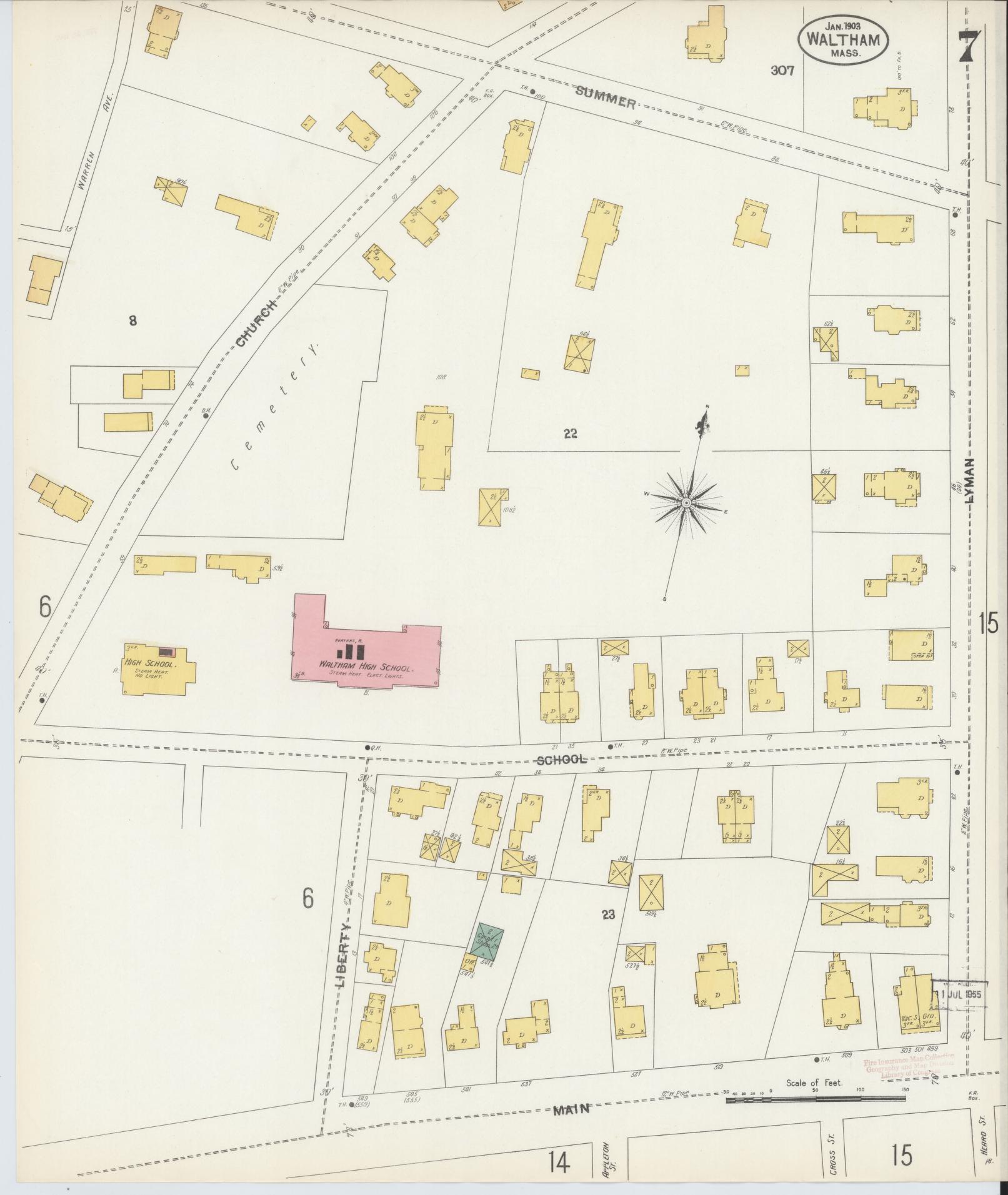 Sanborn Fire Insurance Map from Waltham, Middlesex County, Massachusetts (1903), Sheet #0007 - Historic Sanborn Fire Insurance Map Print, vintage old map wall art, antique decor, genealogy gift, Massachusetts Massachusetts map