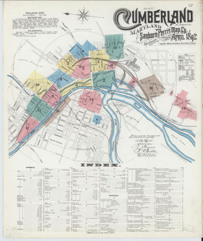 Sanborn Fire Insurance Map from Cumberland, Allegany County, Maryland (1892), Sheet #0001 - Complete Map Set gallery image, historic Sanborn map, vintage wall art, Maryland Maryland