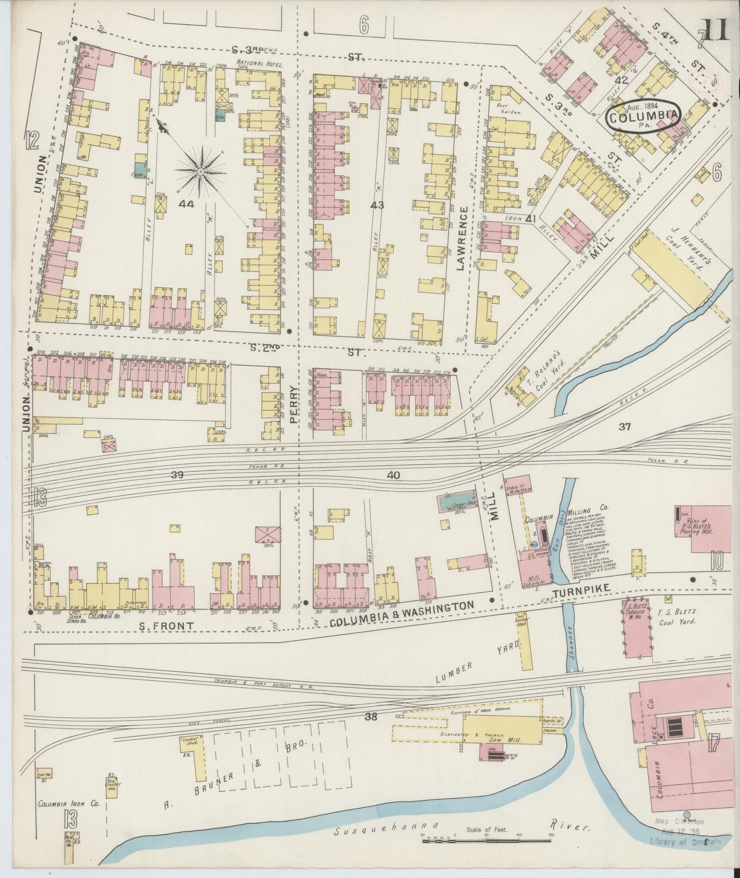 Sanborn Fire Insurance Map from Columbia, Lancaster County, Pennsylvania (1894), Sheet #0011 - Historic Sanborn Fire Insurance Map Print, vintage old map wall art, antique decor, genealogy gift, Pennsylvania Pennsylvania map