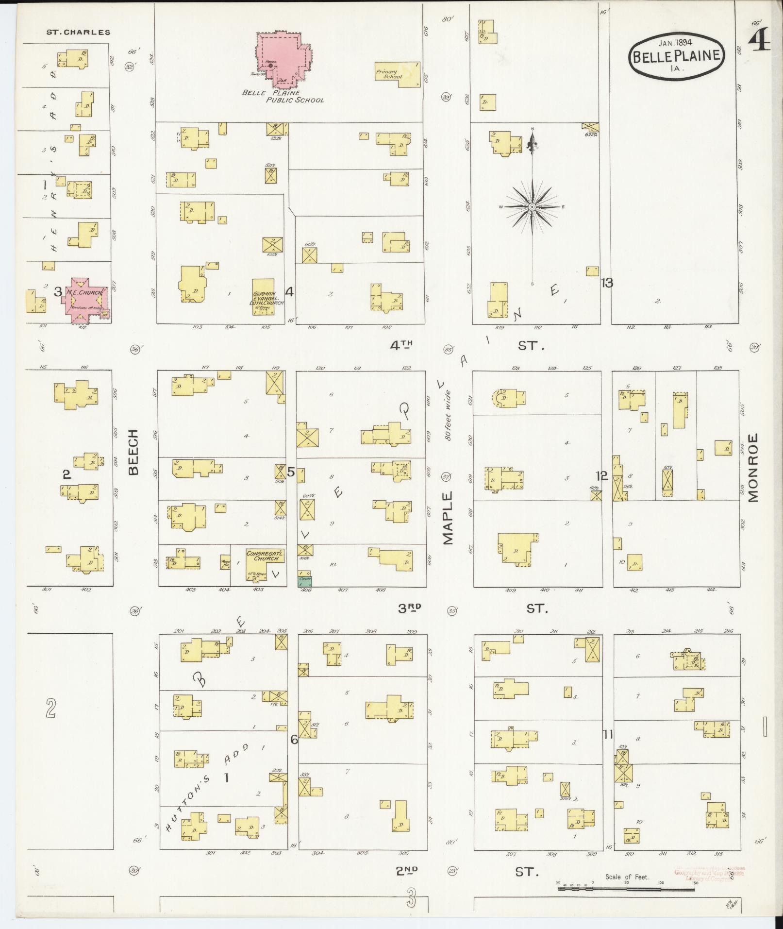 Sanborn Fire Insurance Map from Belle Plaine, Benton County, Iowa (1894), Sheet #0004 - Historic Sanborn Fire Insurance Map Print, vintage old map wall art