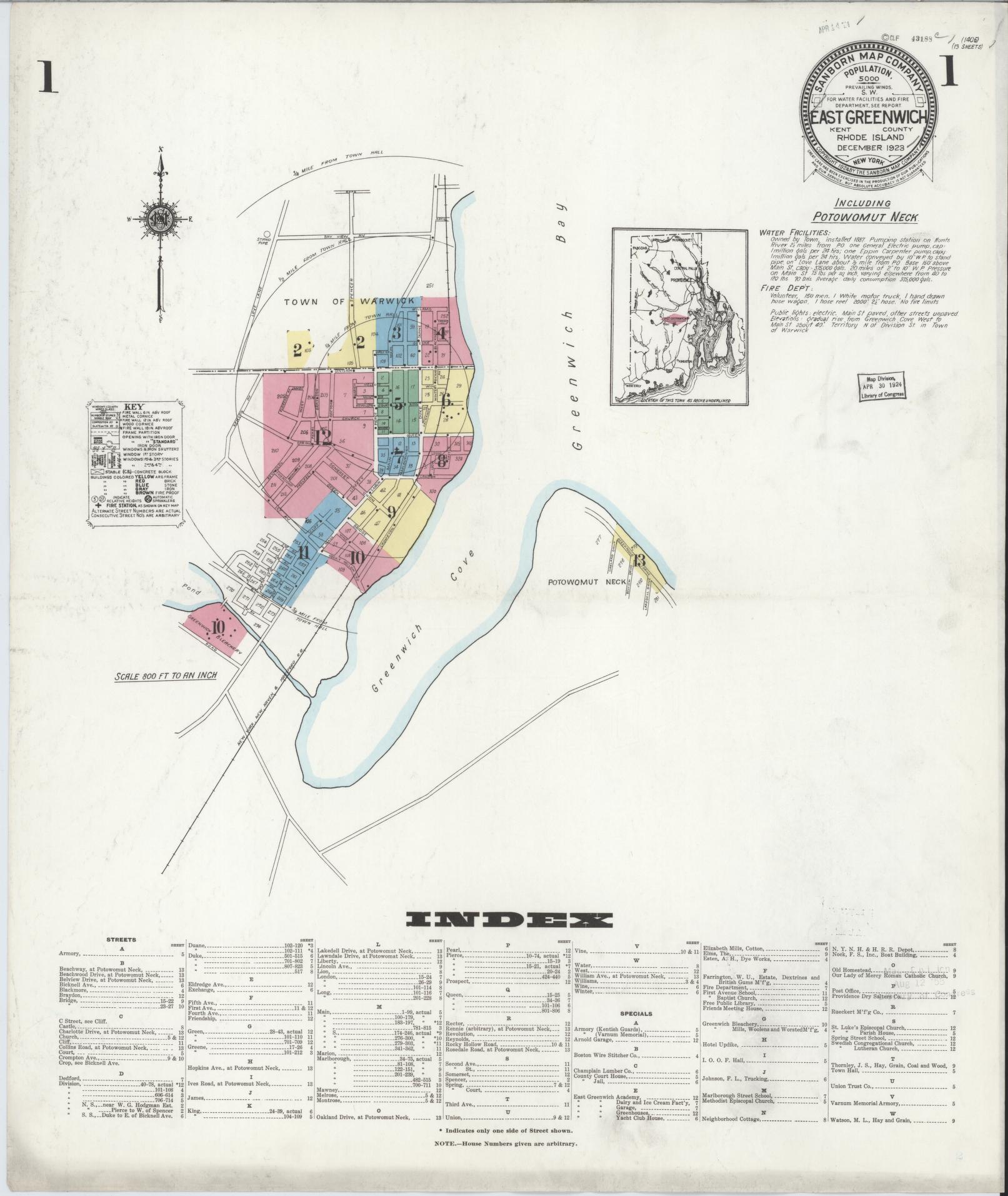 Sanborn Fire Insurance Map from East Greenwich, Kent County, Rhode Island (1923), Sheet #0001 - Complete Map Set gallery image, historic Sanborn map, vintage wall art, Rhode Island Rhode Island