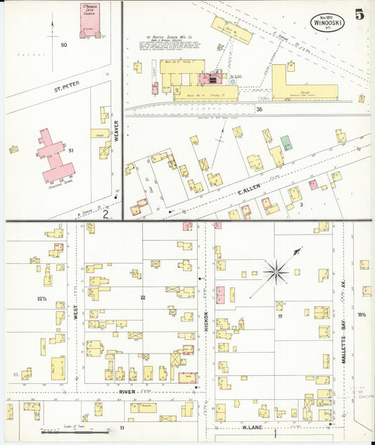 Sanborn Fire Insurance Map from Winooski, Chittenden County, Vermont (1899), Sheet #0005 - Historic Sanborn Fire Insurance Map Print, vintage old map wall art, antique decor, genealogy gift, Vermont Vermont map